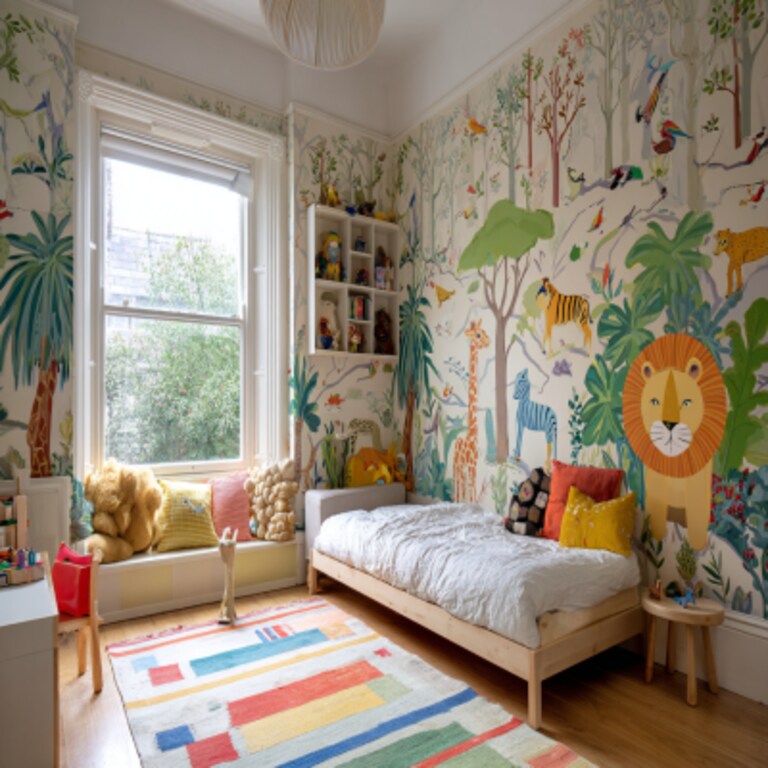 Modern Kids Bedroom Design With Animal Themed Wallpaper
